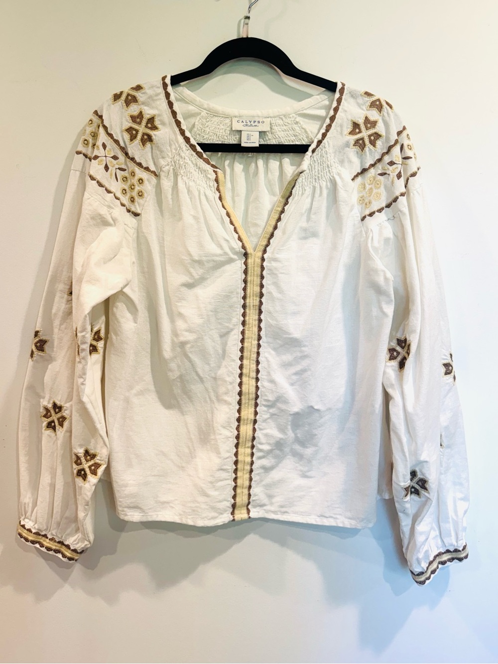 Calypso St. Barth Cotton Balloon Sleeve Large Embroidered Tunic Top Blouse